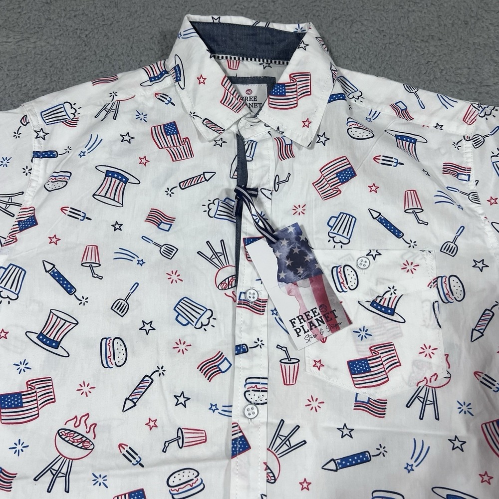 Free Planet USA 4th Of July Fireworks America Button Up Cotton Shirt Small NWT